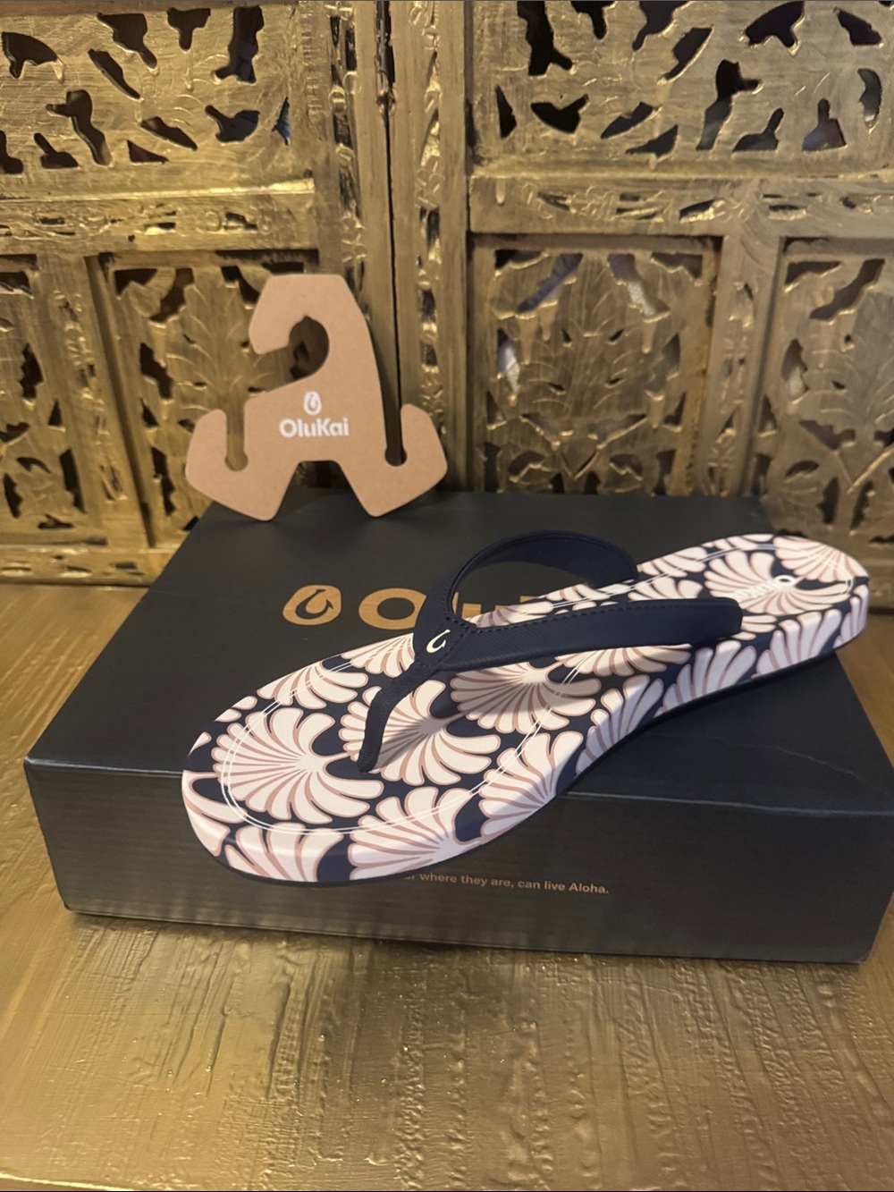 OluKai Navy Strap Pink Floral Print Women's Sandals